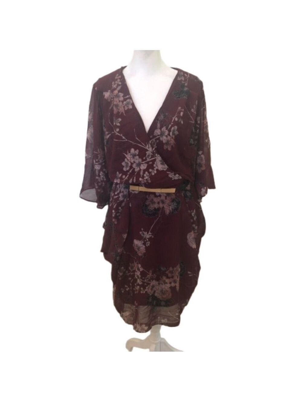 City Chic Size XL/22 maroon floral faux wrap dress. Flutter sleeve belt